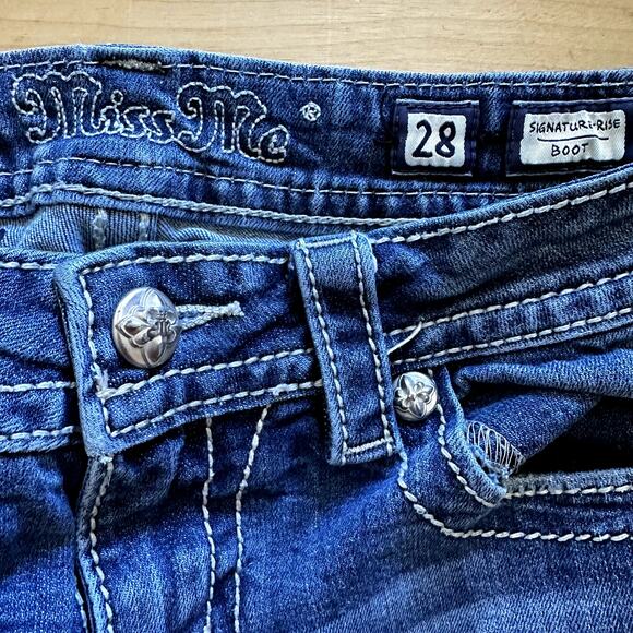 Miss Me Signature Rise Bootcut Jeans Rhinestone Sequin Medium Wash Blue 28 - Picture 3 of 7